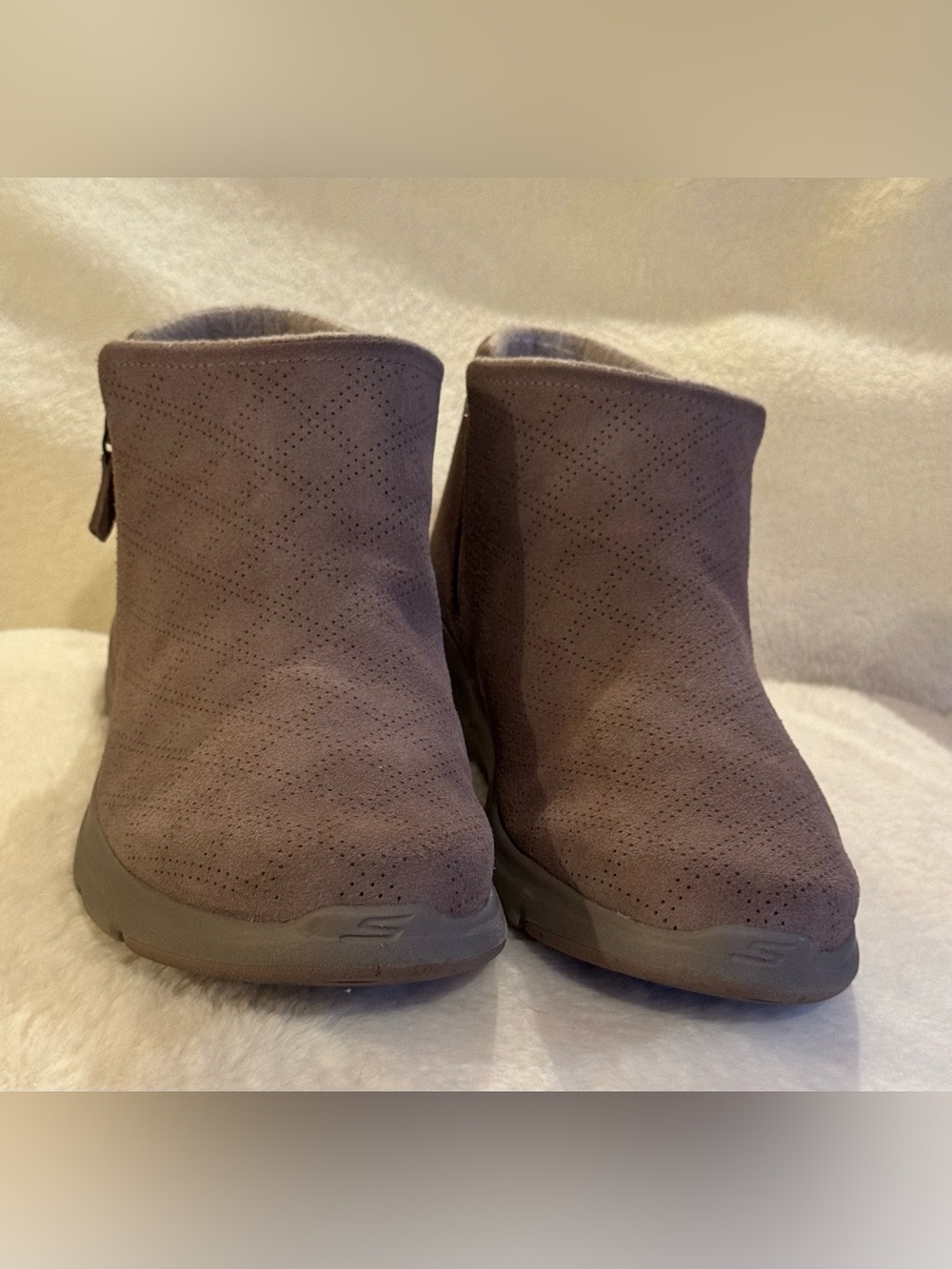 Skechers Taupe Perforated Suede Slip-On Wedge Booties